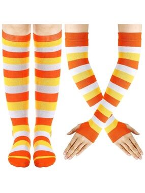 New Candy Corn Color Striped Knee Socks And Arm Warmer Set,
